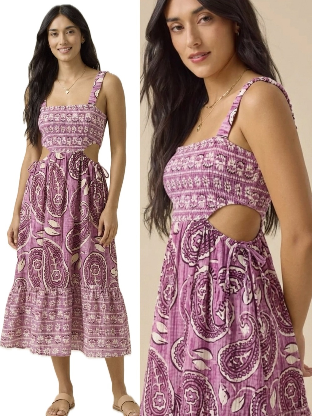 SO Paisley Floral Sundress Size M Puckered Cotton Gauze Cut Out Midi Tank Dress